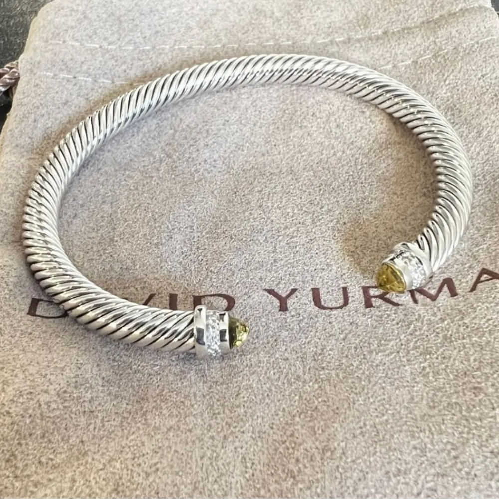 David Yurman Sterling Silver 5mm Cable Lemon Citrine & Diamond Bracelet